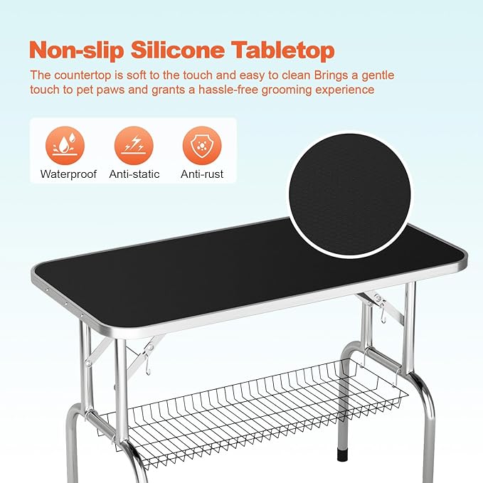 46'' Dog Grooming Table for Large Dogs, Foldable Professional Grooming Table for Dogs at Home with Double Loops/Mesh Tray/Adjustable Arm, Capacity up to 330lbs, Black