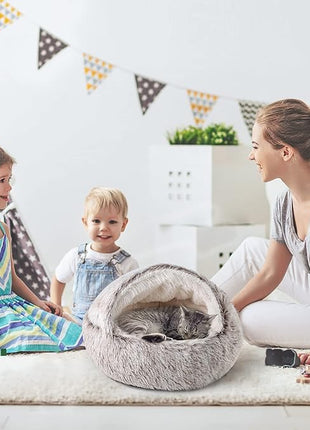 CATISM Plush Hooded Cat Bed, Calming Nest, Self-Warming Cave, Cozy Pod for Indoor Cats or Small Dogs, Removable Washable Cove With Non-Slip Bottom