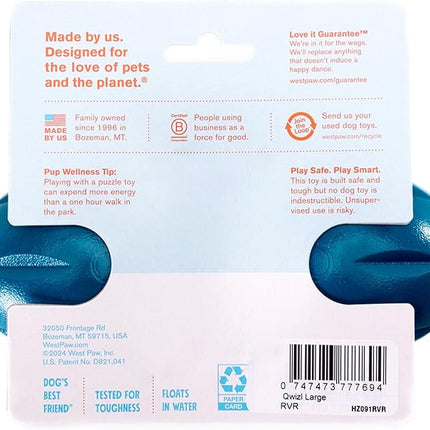 West Paw Qwizl Treat Dispensing Dog Toy for Tough Chewers- Durable Long Lasting Chew and Fetch Toy Keeps Dogs Engaged- Dishwasher Safe Safe Materials Made in USA - River Blue, Large
