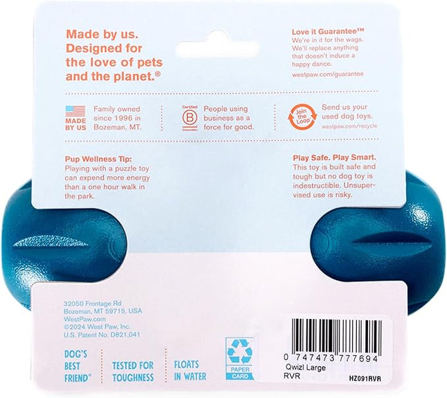 West Paw Qwizl Treat Dispensing Dog Toy for Tough Chewers- Durable Long Lasting Chew and Fetch Toy Keeps Dogs Engaged- Dishwasher Safe Safe Materials Made in USA - River Blue, Large