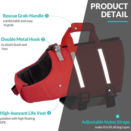 Queenmore Large Dog Life Vest For Swimming, XL Dog Life Jacket, Doggie Life Vest For Swimming Large Breed, Pet Life Jackets For Boating With Rescue Handle, Zipper, Pet Floating Vest For Pool (Red, XL)