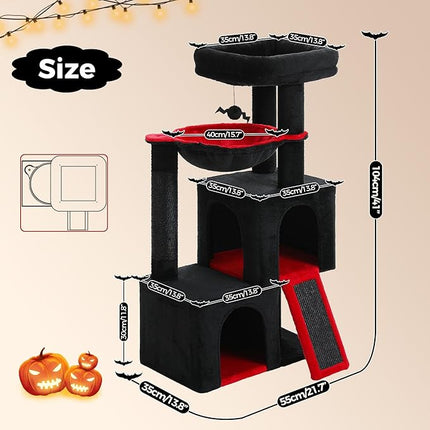 PAWZ Road Large Cat Tree, 41 Inches Gothic Cat Tower with 2 Spacious Condos for Indoor Cats, Large Black Cat House with Comfy Hammock, Padded Perch, Scratching Pad and Replaceable Balls-Black