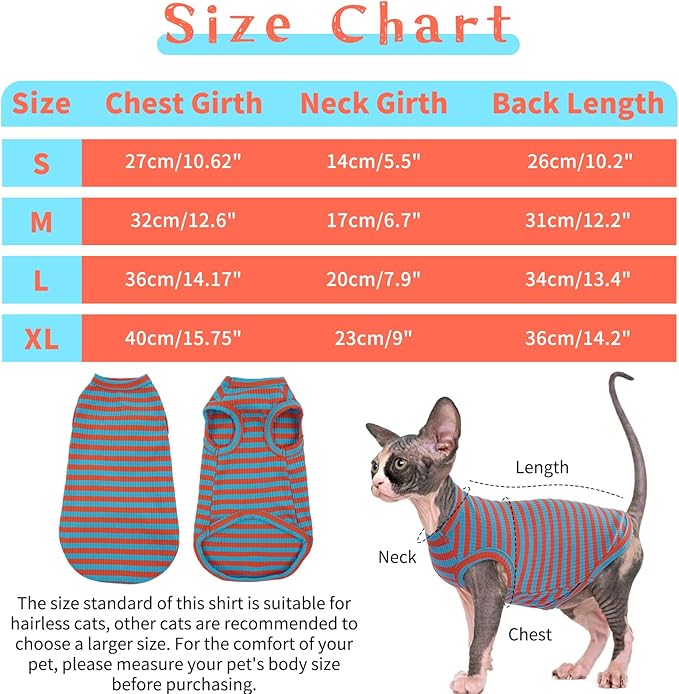 BRKURLEG Hairless Cats T Shirt, Cat Sweaters, Pullover Kitten Shirts, Sleeveless Round Collar Cotton Vest for Cornish Rex Devon Rex Peterbald and Small Dogs Sweater(OrangeBlue Stripes, L)