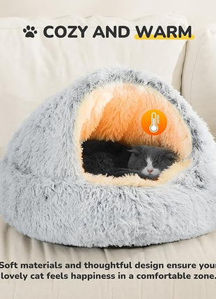 CATISM Cozy Plush Hooded Cat Bed, Indoor/Outdoor, Self-Warming Cave, Removable Washable Non-Slip Bottom