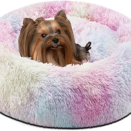 Friends Forever Donut Dog Bed Faux Fur Fluffy Calming Sofa For Small Dogs, Soft & Plush Anti Anxiety Pet Couch For Dogs, Machine Washable Coco Pet Bed with Non-Slip Bottom, 23"x23"x6" Rainbow