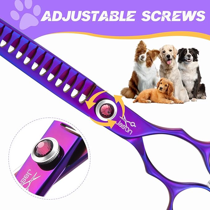 JASON Dog Scissors for Grooming - 7.5" Chunker Scissors for Dog Grooming, Japanese 440C Stainless Steel Chunking Shears with Diamond Adjustable Screw (18 Teeth, Purple)