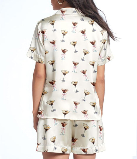 Women’s Silk Satin Pajama Set, Short Sleeve Button Down 2 Piece PJs with Shorts, Cozy Loungewear & Matching Holiday Pajamas