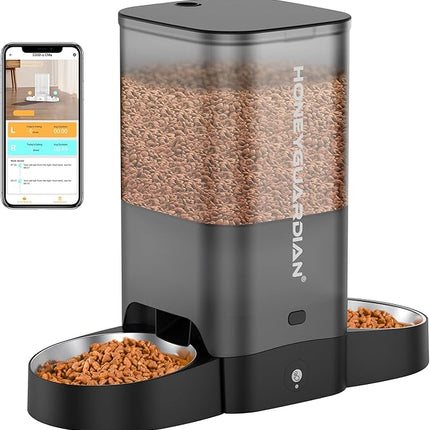 HoneyGuaridan 5L Automatic Cat Feeder for Two Cats, 5G WiFi Smart Feed Pet Feeder with Stainless Steel Bowl,APP Control Dispenser, Dual Power Supply,Desiccant Bag,10s Meal Call Black