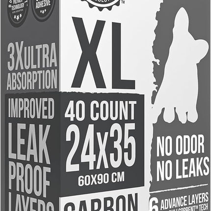 Bulldoglogy Carbon Black XL Dog Pee Pads for Extra Large Dogs with Adhesive Sticky Tape - Extra Large Charcoal Housebreaking Dog Pee Pads Disposable (24x35) (40-Count, Black)