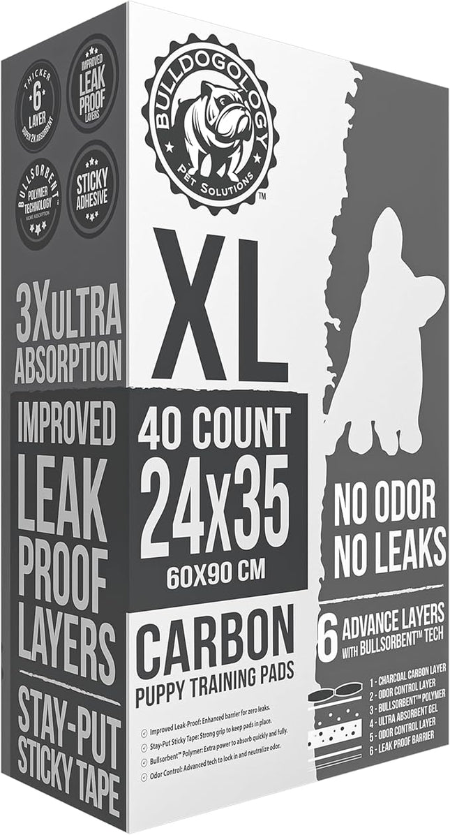 Bulldoglogy Carbon Black XL Dog Pee Pads for Extra Large Dogs with Adhesive Sticky Tape - Extra Large Charcoal Housebreaking Dog Pee Pads Disposable (24x35) (40-Count, Black)