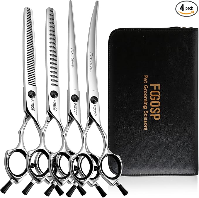 Dog Grooming Scissors Kit 7.5 in Professional Curved Thinning Straight Chunker Shears Grooming Big Dogs Poodle Pet Japan 440C Stainless Steel(7.5'',Kit)