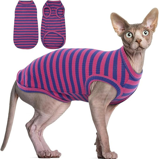 BRKURLEG Sphynx Hairless Cats Shirt Puppy Clothes Soft Cotton T-Shirts Cute Cats Pajamas Cat Stripes Vest Pet Sweater, Round Collar Vest Kitten Shirts(PinkBlue Stripes, M)