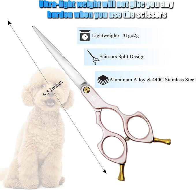 6.5'' Small Pink Straight Dog Grooming Scissors Professional Trimming Shears with Ultra-Lightweight Offset Handle 440C Stainless Steel Pet Scissors for Face and Paws
