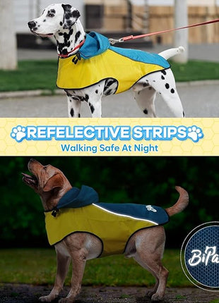 BiPawTi Dog Rain Jackets for Medium Dogs, Lightweight Reflective Safety Pet Rain Jacket, Waterproof Dog Raincoat with Hood/Leash Hole/Reflective Strip - Yellow + Blue, M