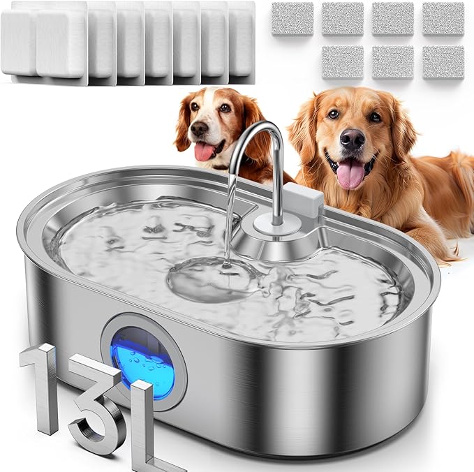3.4Gal Dog Water Fountain for Large Dogs, 13L Stainless Steel Large Pet Fountain with Deeper & Wider Drinking Area, Automatic Dog Water Bowl Dispenser with Water Window(with 7 Filters)