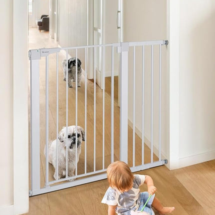COMOMY 36" Extra Tall Baby Gate for Stairs Doorways, Fits Openings 29.5" to 43.3" Wide, Auto Close Sturdy Safety Dog Gate for House, Pressure Mounted Easy Walk Through Pet Gate with Door, White