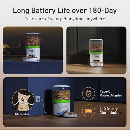 Automatic Cat Feeder - 4L Timed Auto Pet Feeder for Cat and Dog with Dry Food Dispenser, 180-day Battery Life, 1-6 Meals Per Day, 1-16 Portion, Desiccant Bag Keeps Food Fresh
