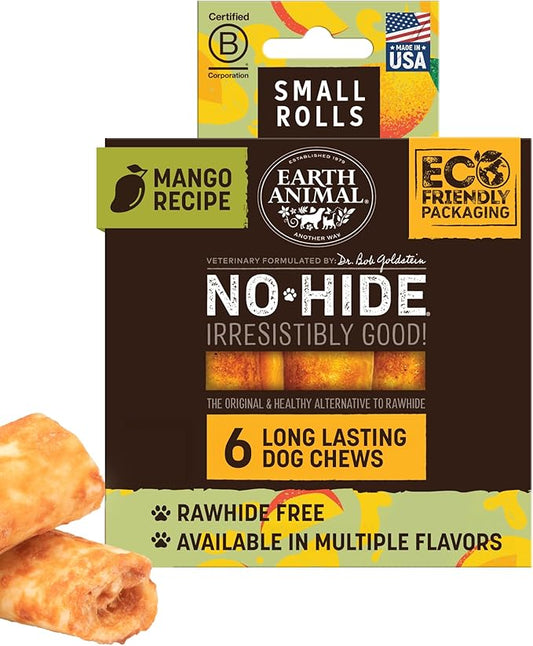 Earth Animal No-Hide Rolls Mango Vegetarian Recipe Small Natural Rawhide Alternative Dog Chews - 6 Count Value Pack