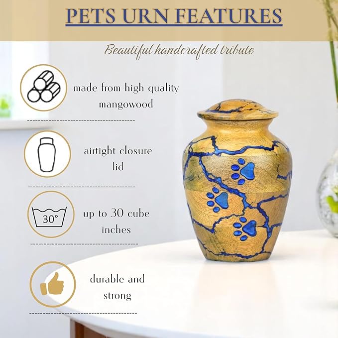 Pet Cremation Urn for Ashes with Epoxy Resin Paw Prints – Handcrafted Memorial Keepsake for Dogs & Cats – Decorative Pet Loss Tribute with Secure Lid