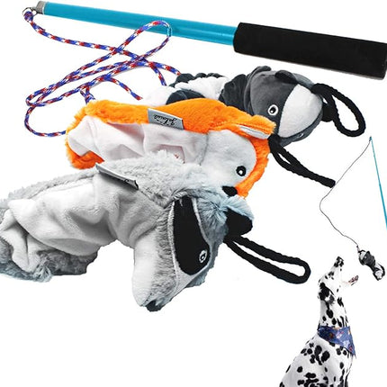 Jalousie Collapsible Dog Flirt Pole with Three Squeaky Toys Plush Toys Dog Teaser Wand Chase it Toy with Refills Upgraded Rope