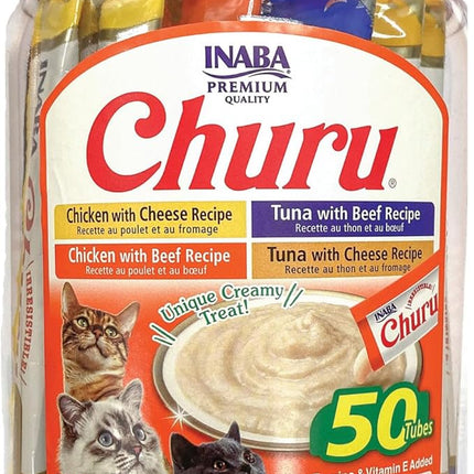 INABA Churu Cat Treats, Grain-Free, Lickable, Squeezable Creamy Purée Cat Treat/Topper with Vitamin E & Taurine, 0.5 Ounce - 50 Count (Pack of 1), Beef & Cheese Variety