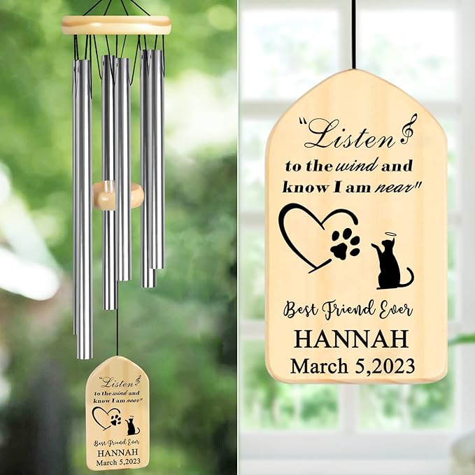 Pet Memorial Gifts, PEMIRSAYO Personalized Pet Memorial Wind Chime - Gifts for Loss of Cat - Remembrance Bereavement Gifts for Loss of Cat - Loss Pet Gifts Cat
