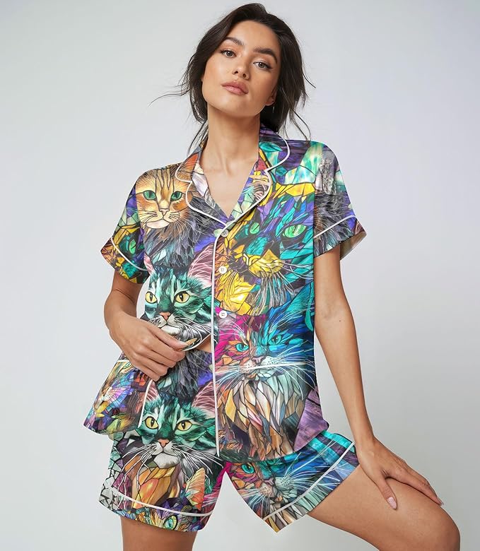 Women’s Silk Satin Pajama Set, Short Sleeve Button Down 2 Piece PJs with Shorts, Cozy Loungewear & Matching Holiday Pajamas