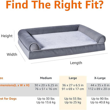Amazon Basics Living Room Couch Dog Bed with Premium Foam, Pressure-Relief Support for Dogs up to 55lbs, Machine Washable Cover, Large Sized (36" x 27"), Grey