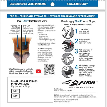 Flair Equine Nasal Strips for Horses (Blue, 6 Pack), Adhesive Equine Nasal Strips & Support, Breathing Improvement for Competition and Training Horses, Equine Health Supplies, Breathing Aid