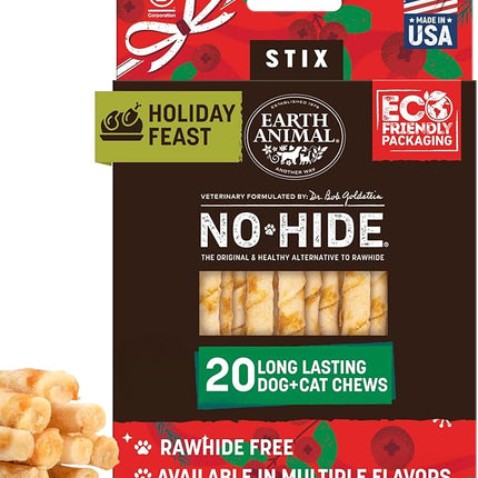 Earth Animal No Hide Stix - Long Lasting Rawhide Free Small Dog Chews Sticks, Holiday Feast - 20 Count Value Pack