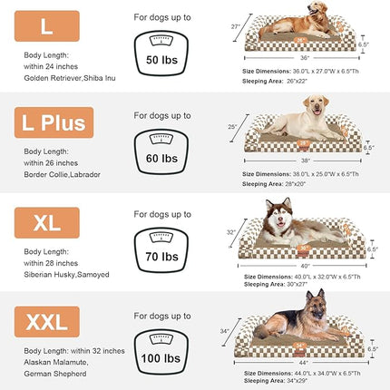 Large Dog Bed Orthopedic Washable: Beds Bolster XL Bed Big XLarge Dogs Egg Crate Foam Couch Sofa Waterproof with Removable Cover - Brown Grid