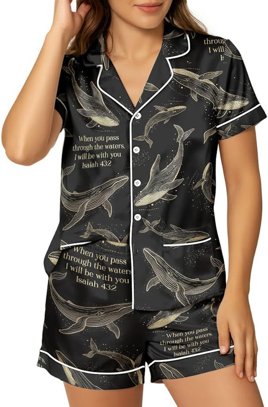 Women’s Silk Satin Pajama Set, Short Sleeve Button Down 2 Piece PJs with Shorts, Cozy Loungewear & Matching Holiday Pajamas