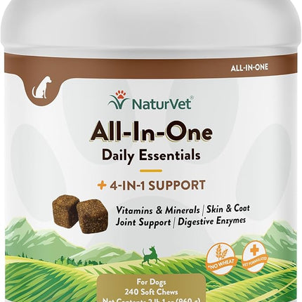 NaturVet All-in-One Dog Supplement - for Joint Support, Digestion, Skin, Coat Care – Dog Multivitamins with Minerals, Omega-3, 6, 9 – Wheat-Free Vitamins for Dogs – 240 Soft Chews