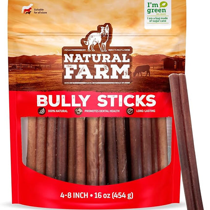 Natural Farm Odor-Free Bully Sticks (4-8”, 16oz) ALL-NATURAL Long-Lasting Chews, 100% Beef Pizzle, Grass-Fed, Grain-Free, Hormone-Free, Protein for Muscle Development & Energy, Perfect For Medium Dogs
