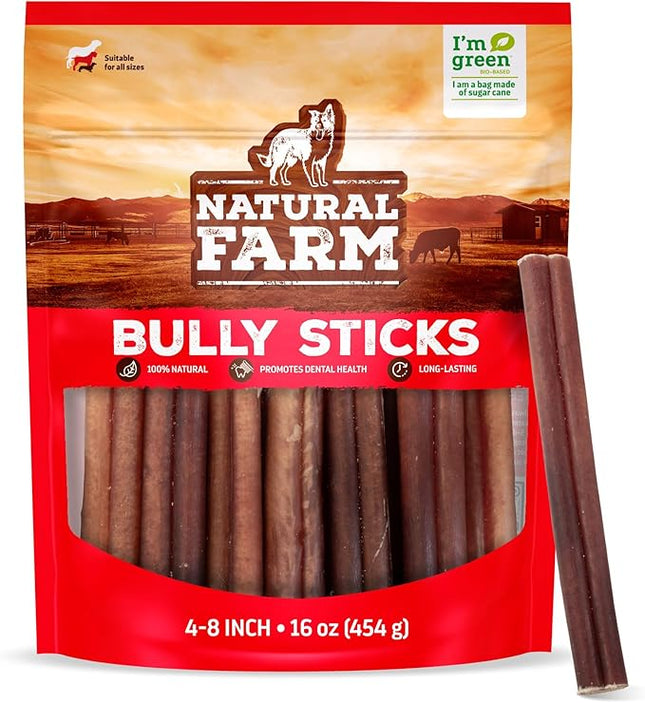Natural Farm Odor-Free Bully Sticks (4-8”, 16oz) ALL-NATURAL Long-Lasting Chews, 100% Beef Pizzle, Grass-Fed, Grain-Free, Hormone-Free, Protein for Muscle Development & Energy, Perfect For Medium Dogs