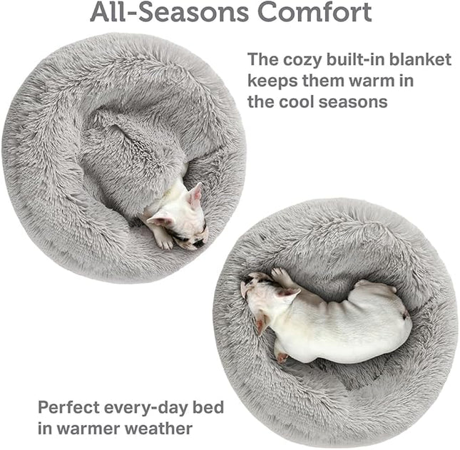 Friends Forever Luna Donut Cat Bed Cave, Soft Faux Fur Hooded Blanket Dog Couch For Indoor Pet, Fluffy Calming Plush Shag, Cozy Round Cushion, Machine Washable Cuddler, Self Warming, Grey
