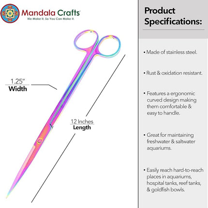 Mandala Crafts 12 Inches Rainbow Stainless Steel Straight Aquarium Scissors for Trimming Aquatic Plants – Long Aquascape Scissors for Fish Tanks, Hospital Tanks, Goldfish Bowls, and Terrariums