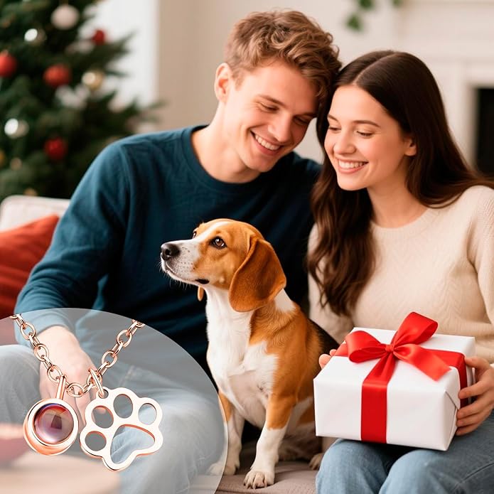 Personalized Picture Necklace with picture inside Custom Projection Necklace Cat/Dog Paw Print Pet Memorial Necklaces for Pet Lovers, Photo Gifts for Anniversary Dog Lovers