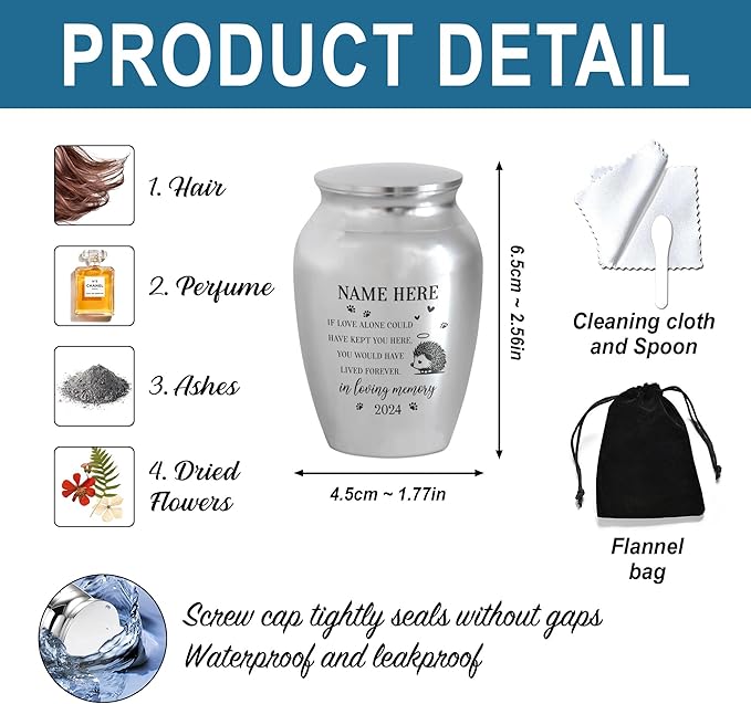 Artsy Woodsy Personalized Hedgehog Pet Memorial Cremation Mini Urn, Decorative Keepsake Small Urns for Ashes 2.56 inch, Remembrance Gifts for Pet Lovers in Loving Memory (02, 2.56x1.77)