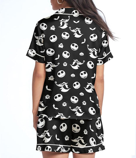 Women’s Silk Satin Pajama Set, Short Sleeve Button Down 2 Piece PJs with Shorts, Cozy Loungewear & Matching Holiday Pajamas