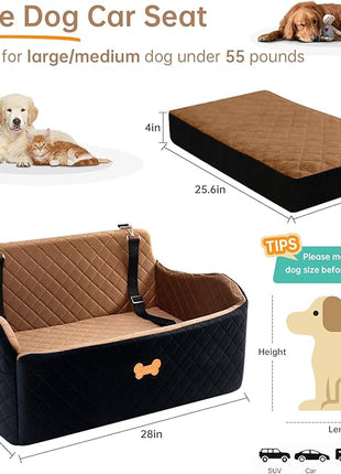 Car Seat for Large Size Dog, Booster Seat for Dogs Under 55 lbs or 2 Small Dogs, Soft Car Dog Bed Filling in Thick Memory Foam with 2 Safety Leashes and Storage Pocket (Brown/Black)
