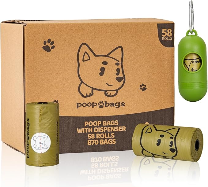 870 Counts Dog Poop Bags Rolls with Dispenser & Leash Clip, Scented Poop Bags for Dogs Waste, Extra Thick & Leak Proof for Poop Doggie Puppy Pet Waste, 9" x 13", Dark Khaki