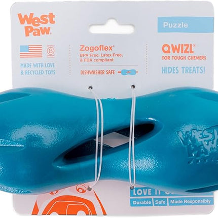 West Paw Qwizl Treat Dispensing Dog Toy for Tough Chewers- Durable Long Lasting Chew and Fetch Toy Keeps Dogs Engaged- Dishwasher Safe Safe Materials Made in USA - River Blue, Large
