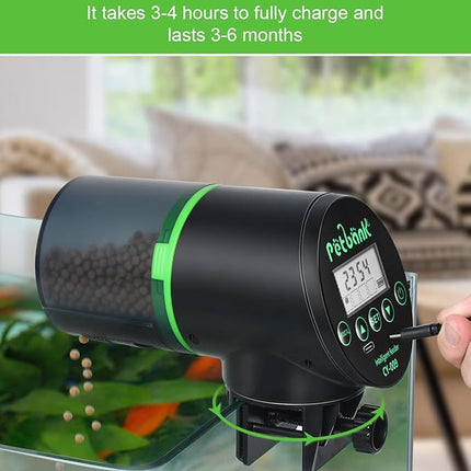 Automatic Fish Feeder for Aquarium - Rechargeable Fish Food Auto Dispenser Vacation Turtle Feeder with USB Charger Cable，LCD Screen, Customized Schedule，Black