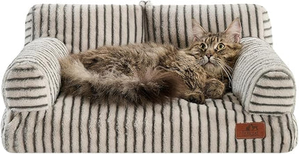 Hollypet Fluffy Plush Pet Cat Couch Soft Calming Pet Sofa Beds for Medium Small Cats and Dogs, Dark Gray Stripes