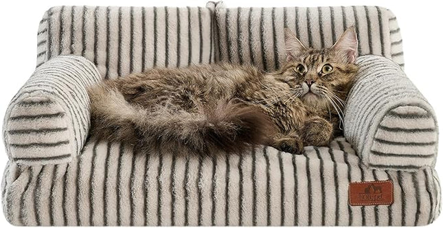 Hollypet Fluffy Plush Pet Cat Couch Soft Calming Pet Sofa Beds for Medium Small Cats and Dogs, Dark Gray Stripes