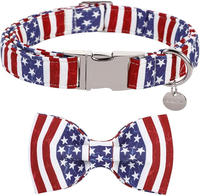 Dog Collar with Bow Tie, 4th of July Comfortable Cotton Dog Collar, American Flag Collar for Small Girl Boy Dog, Patriotic Bowtie Collar with Metal Buckle, S