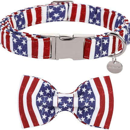 Dog Collar with Bow Tie, 4th of July Comfortable Cotton Dog Collar, American Flag Collar for Large Girl Boy Dog, Patriotic Bowtie Collar with Metal Buckle, L