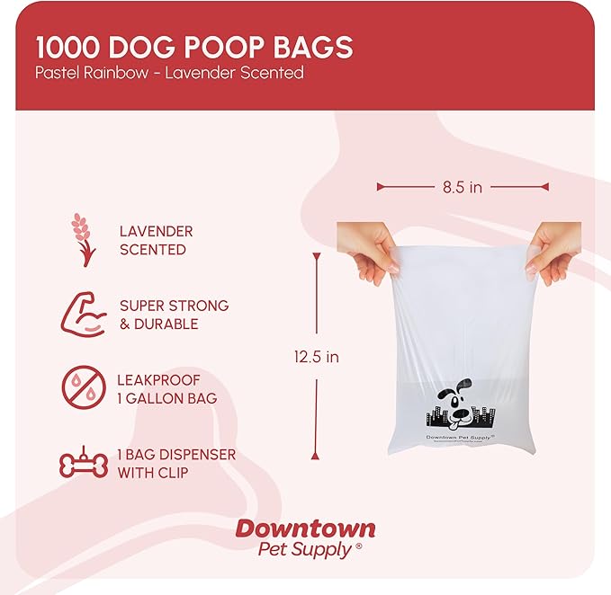 Downtown Pet Supply Scented Poop Bags for Dogs with Dispenser, 1000 Count - Leak-Proof Dog Waste Bags and Bone-Shaped Dog Poop Bags Holder for Leash - Lavender Scented, 12.5" x 8.5"