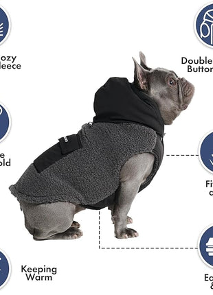 Spark Paws Reversible Fleece Dog Jacket, Hooded Sweater Vest, Warm Coat for Winter - Suitable for Small Medium Large XL XXL Dogs - Black and Grey - S